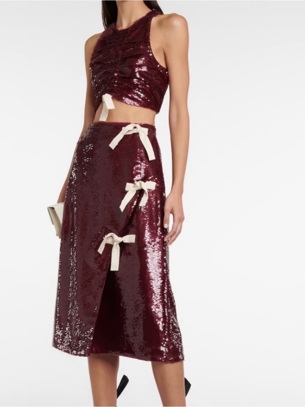 Ganni Burgundy Sequin Midi Skirt with Cream Bow Details | size 38 or US 6 | EUC - Picture 4 of 16
